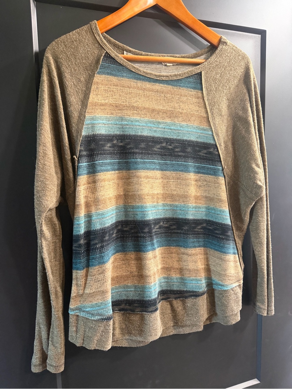 Hem & Thread Olive Raglan Pullover with Blue and Tan Stripes